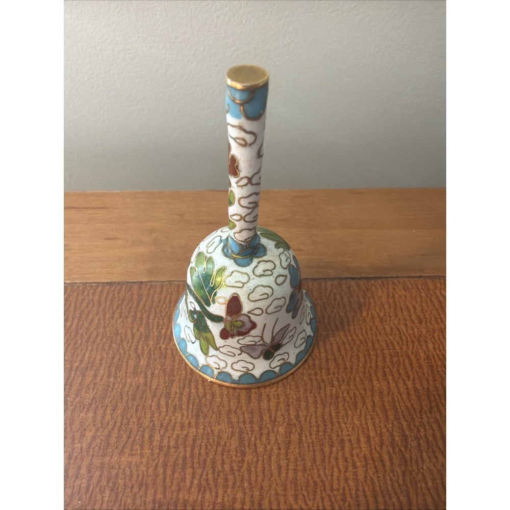 Vintage‎ 3.5" Cloisonné Enamel Hand Bell - Blue & Green Floral Motif